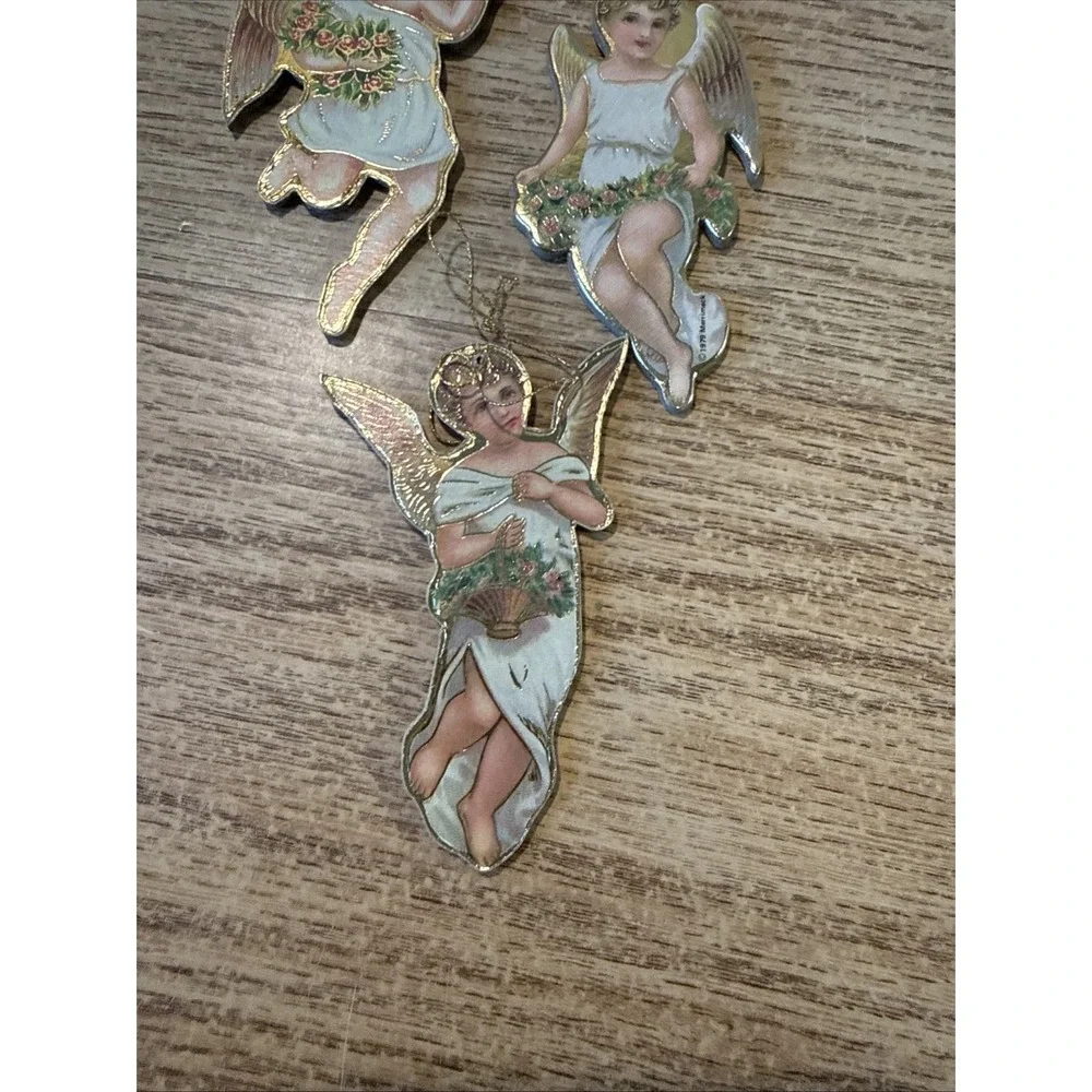 3 Pc Victorian Style Die Cut Angel Christmas Ornaments 1979 Merrimack Paper Gold